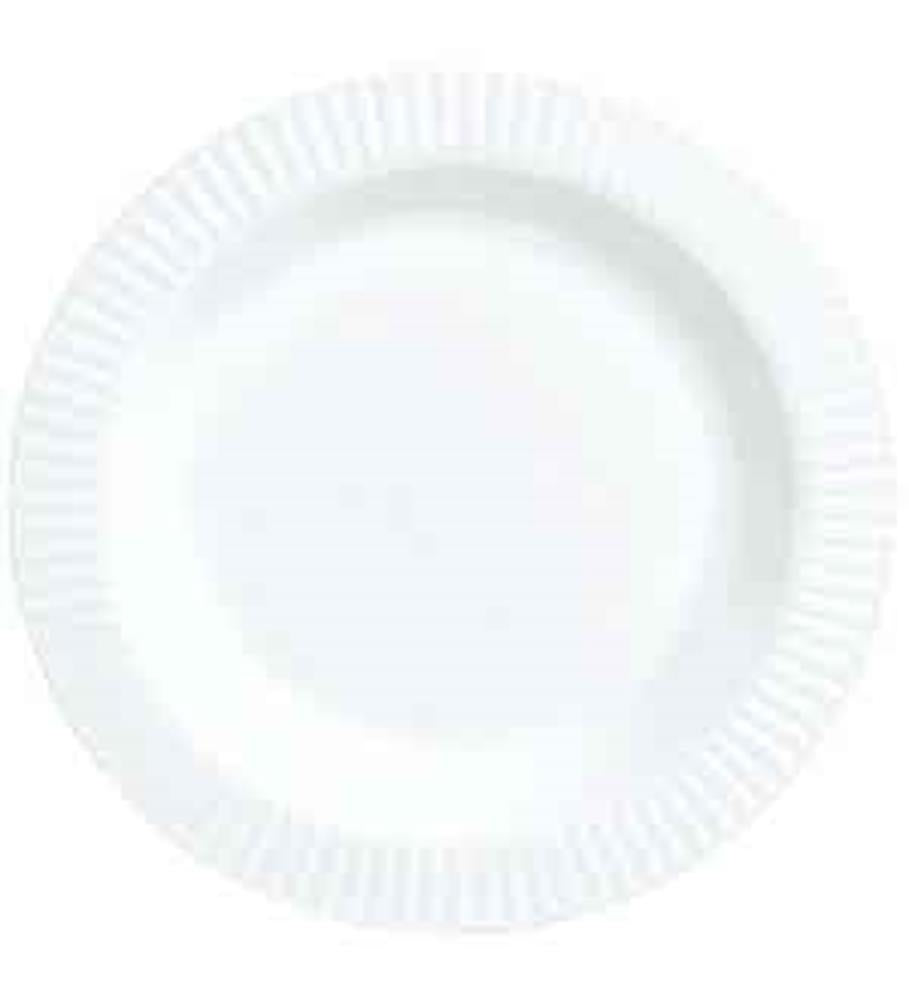 White round disposable plate with a fluted textured rim, 7.5 inches wide.