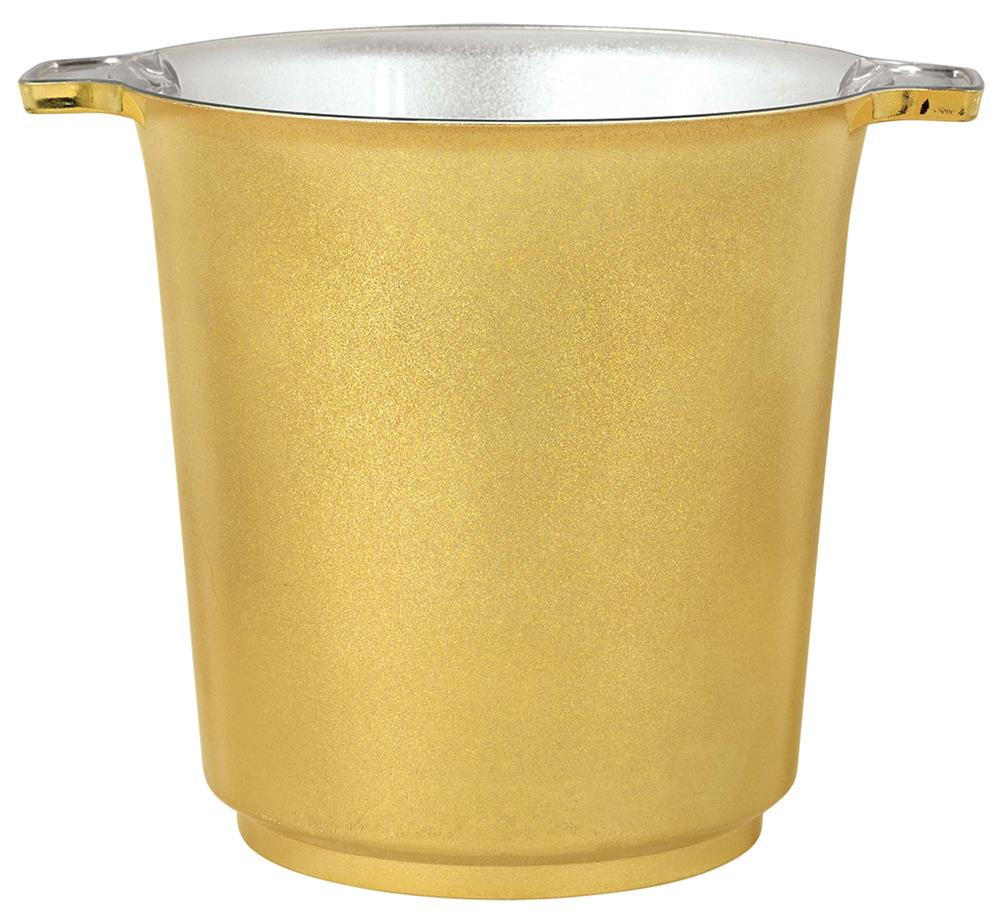 Gold metallic ice bucket with a smooth finish and dual small handles on the rim.