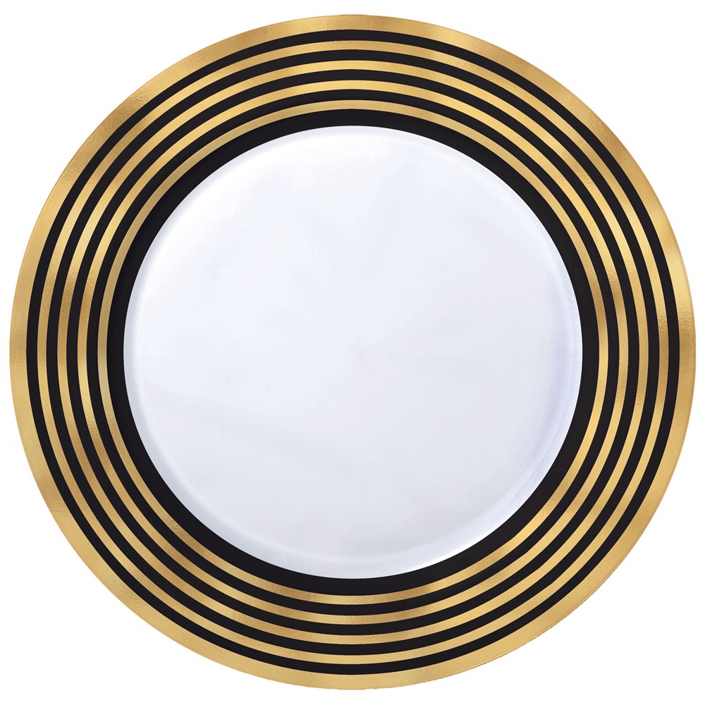 White round plate with concentric gold and black stripes on the rim, 7.5 inch size.