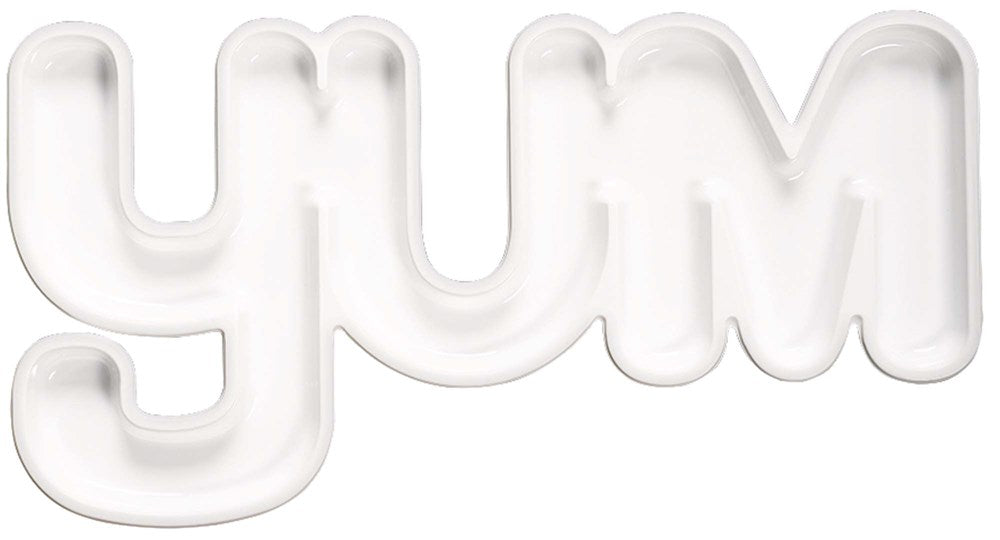White plastic serving tray shaped like the word "yum" with smooth, rounded edges.