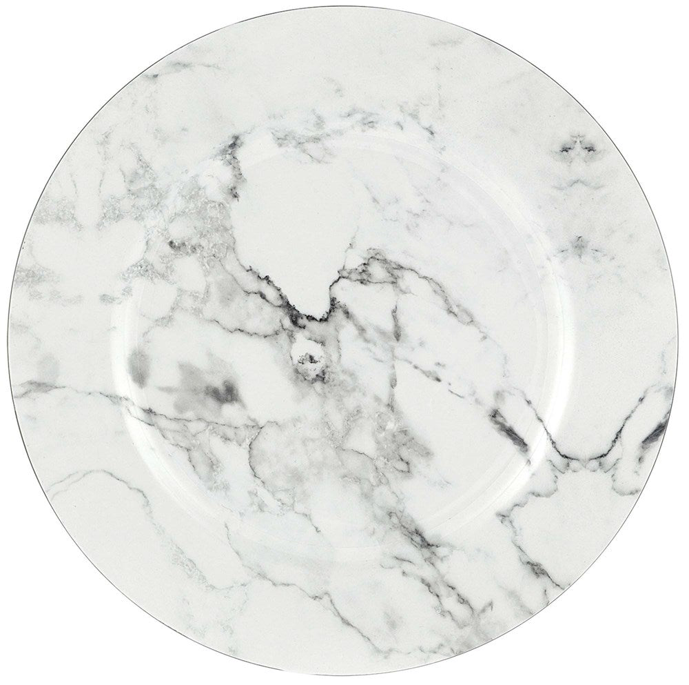 13-inch round white charger plate with gray marble pattern and glossy finish.