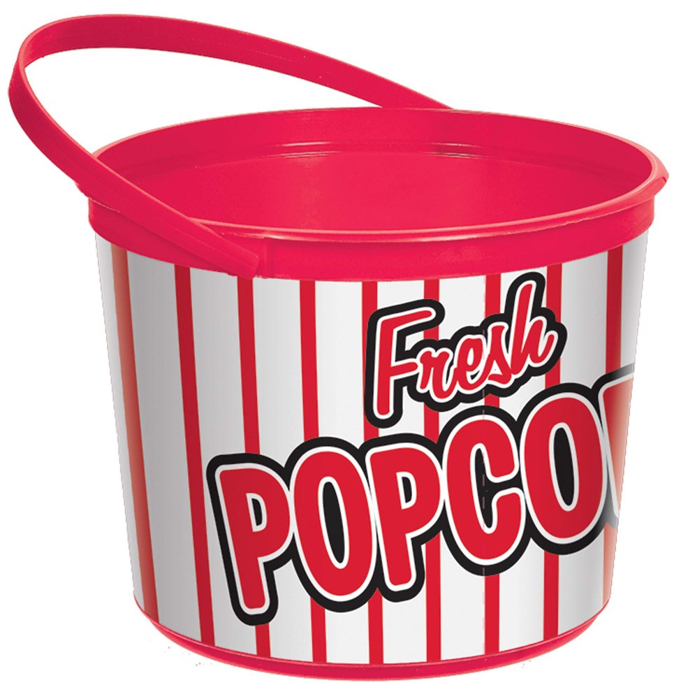 Red and white striped plastic popcorn bucket with a red handle and "Fresh Popcorn" text on the side.