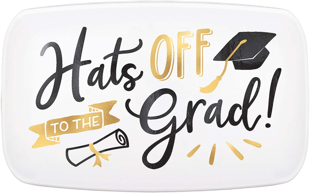 White rectangular plastic platter with "Hats Off to the Grad!" text, black graduation cap, and gold diploma graphic, festive