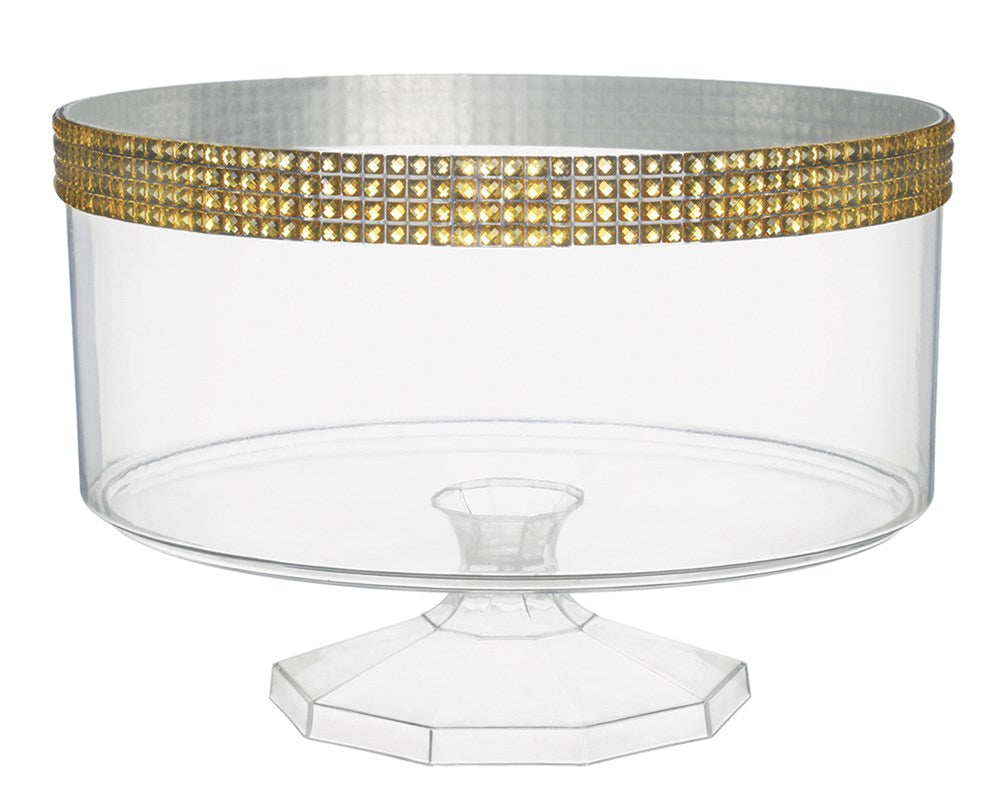 Clear small trifle container with faceted pedestal base and gold gem trim around the rim.