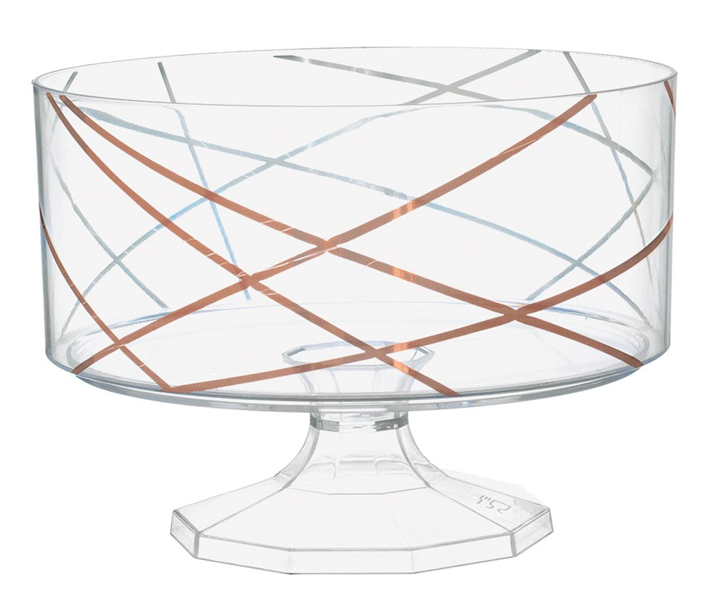 Clear glass small trifle container with rose gold and silver diagonal stripe design on a faceted pedestal base.