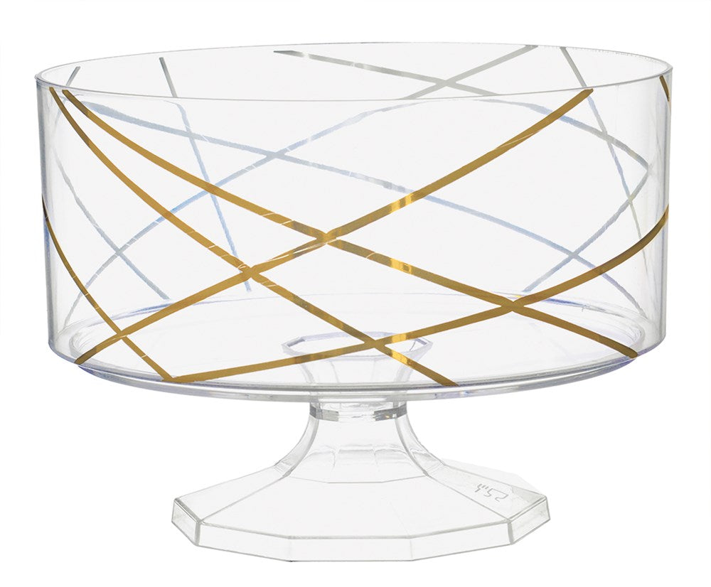 Clear small trifle container with gold and silver diagonal stripes on a faceted pedestal base.