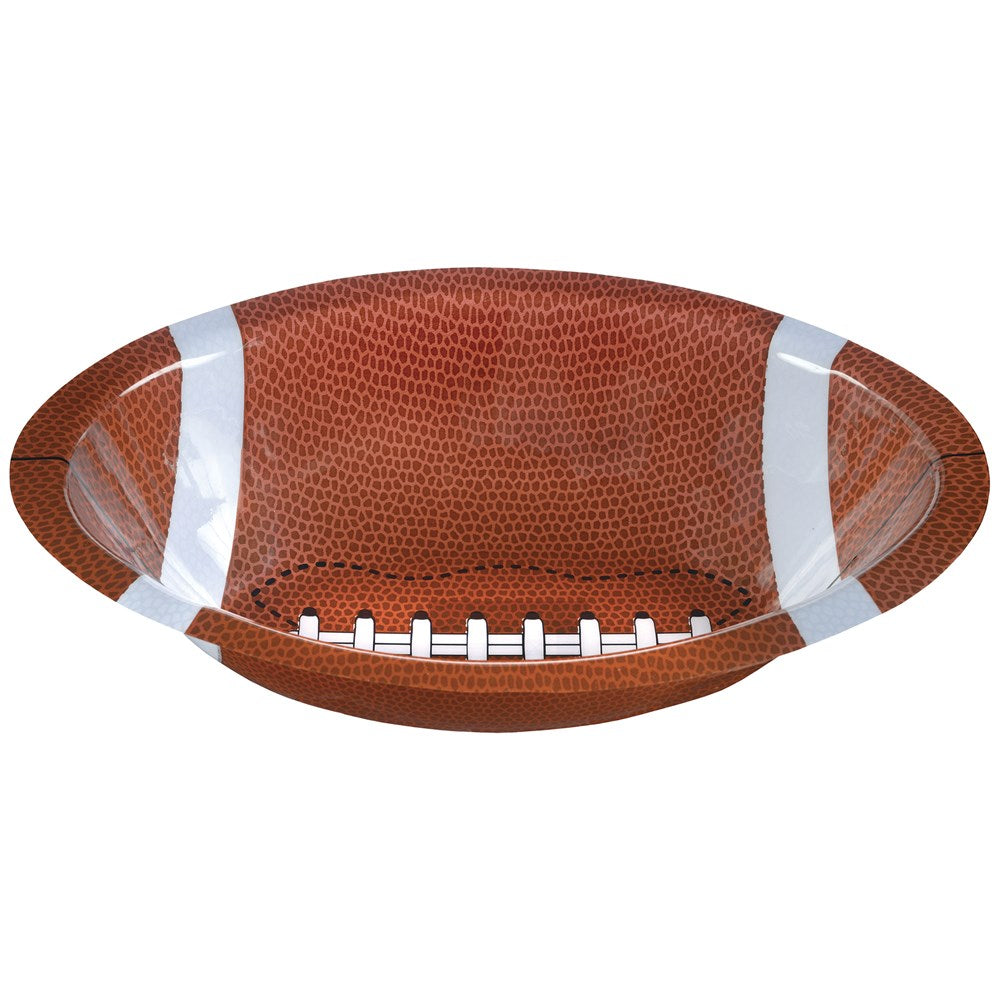 14.25-inch plastic bowl shaped and textured like a brown football with white laces and stripes.