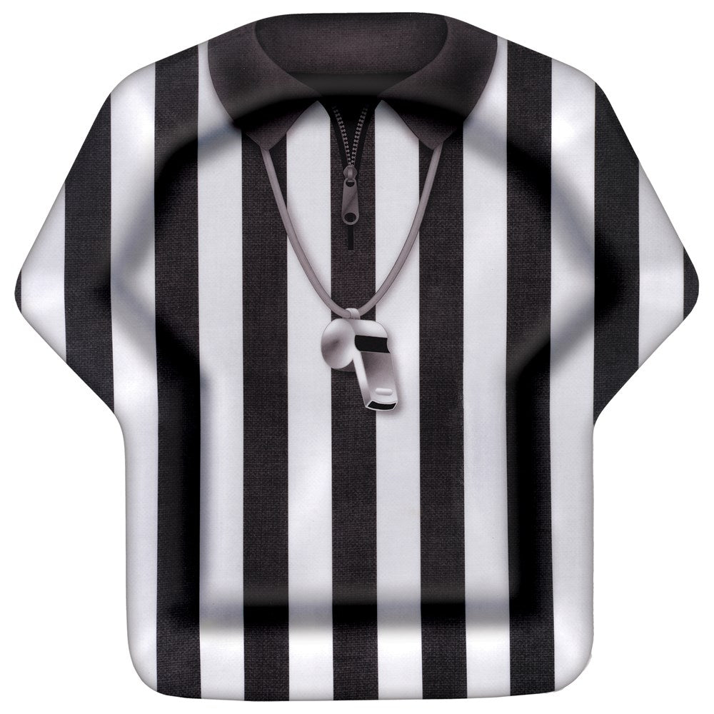 Black and white striped referee shirt tray with a molded whistle detail on the front.