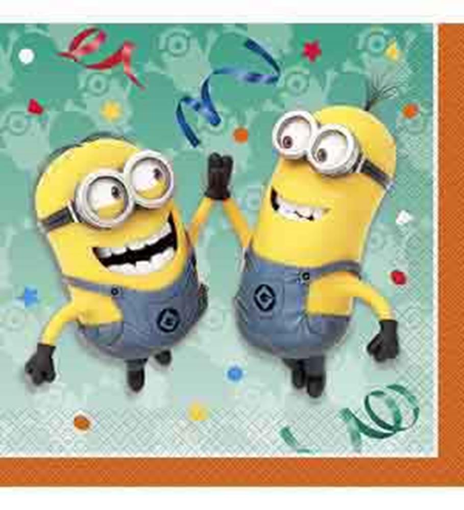 Square party napkin with light blue background, orange border, and two smiling Minions in blue overalls surrounded by.