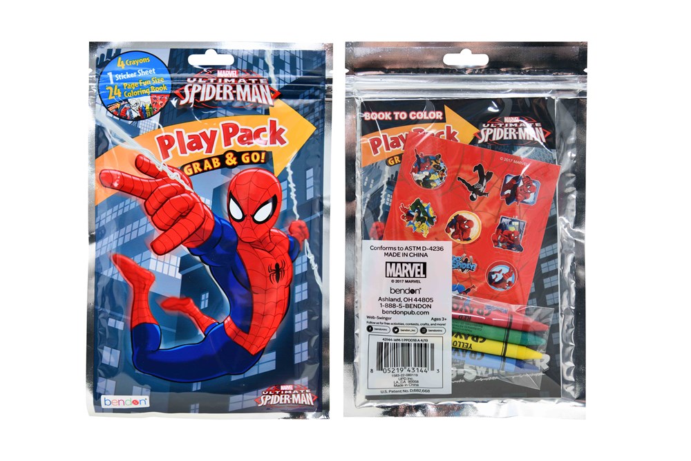 Spiderman Homecoming themed kids play pack with crayons and activity sheets, blue and red packaging.