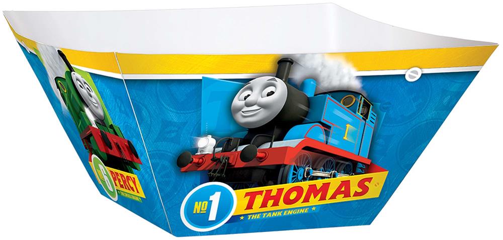 Set of three colorful plastic bowls featuring Thomas the Tank Engine and friends with bright blue, yellow, and red accents.