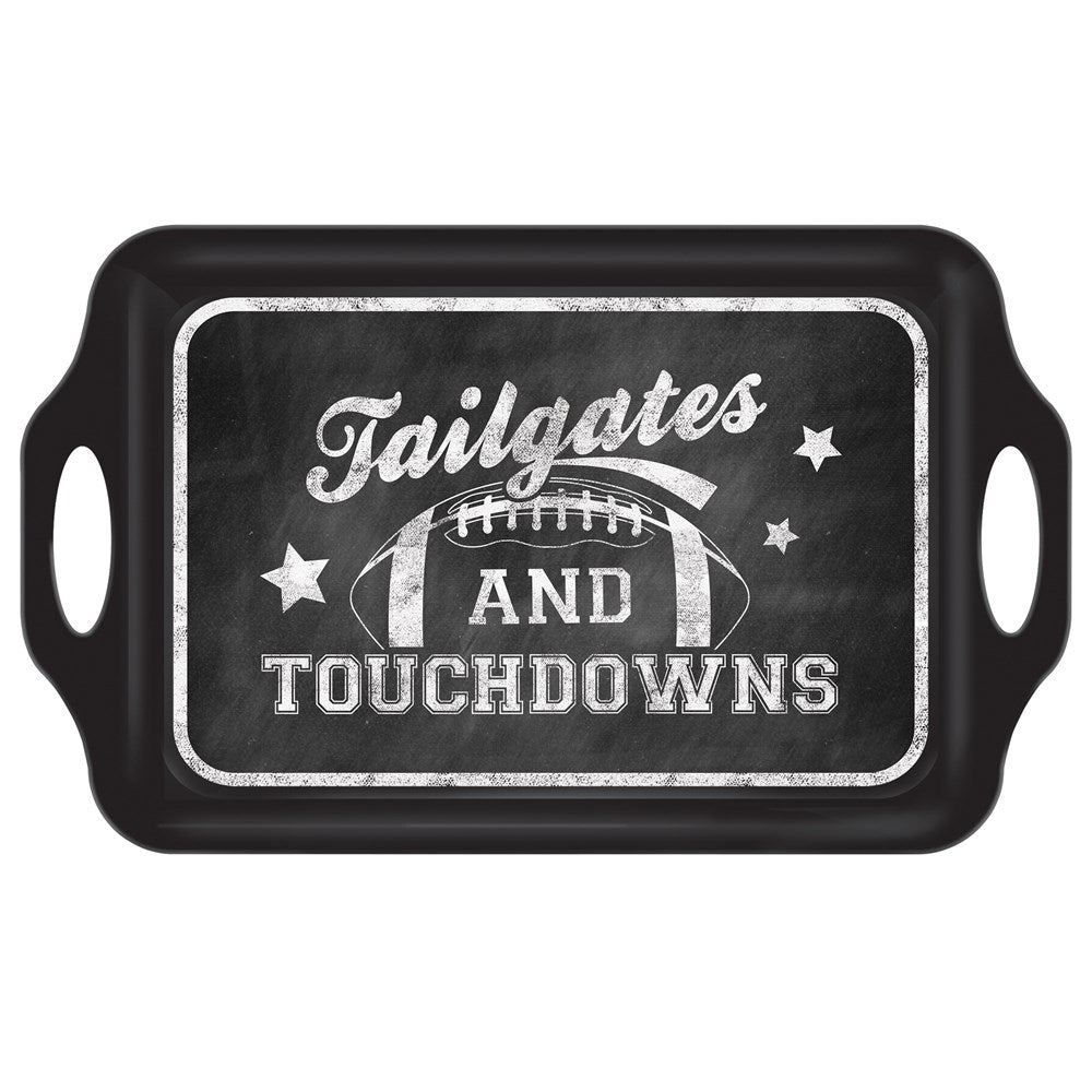 Black plastic serving tray with handles, chalkboard-style football design and "Tailgates and Touchdowns" text in white.