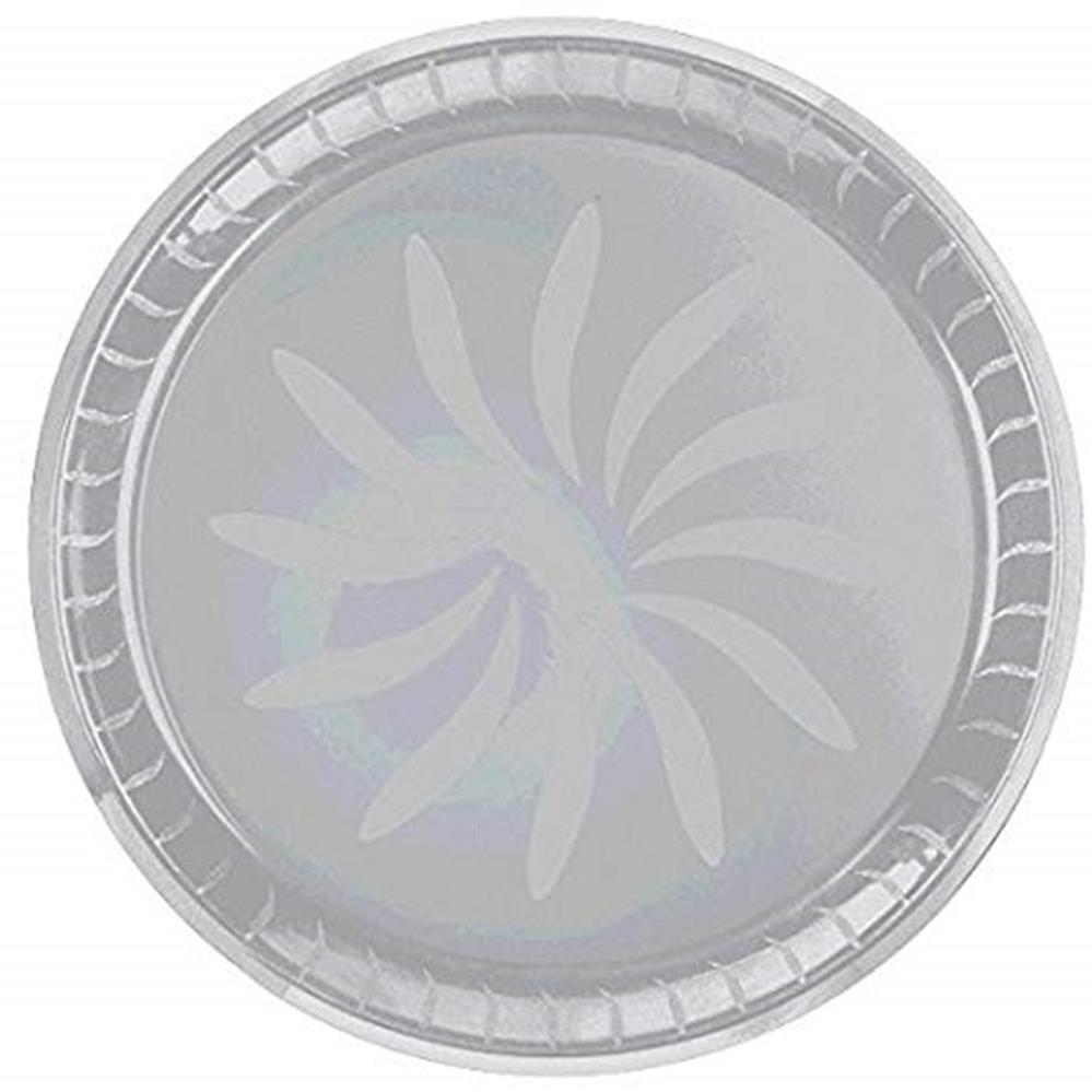 Round silver plastic platter with embossed swirl design and raised rim, 16 inches wide.