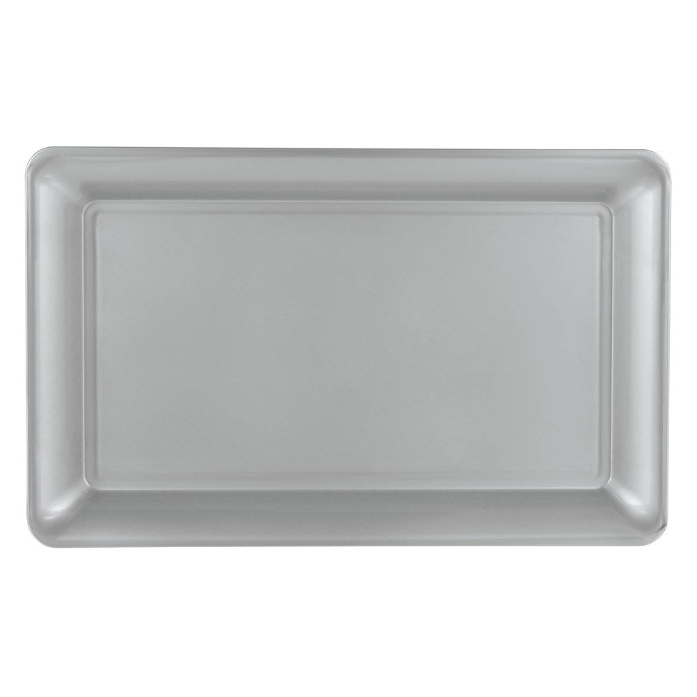 Rectangular silver tray with smooth edges and a slightly raised border, 11 by 18 inches.