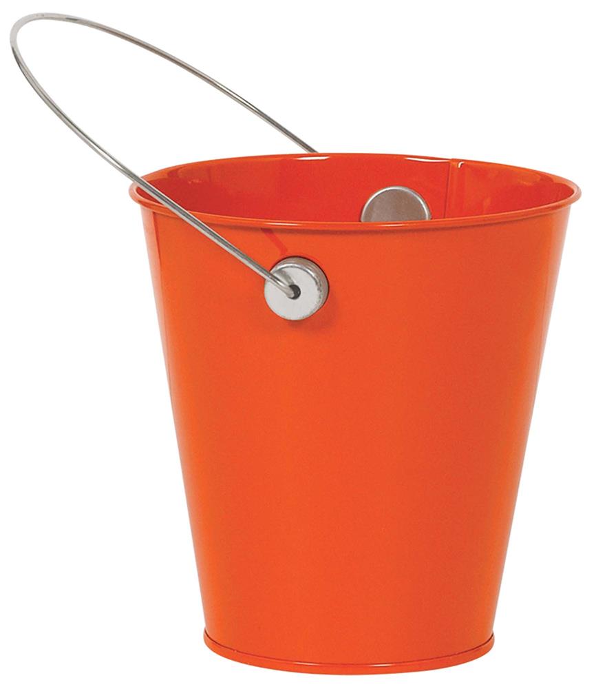 Small bright orange metal bucket with a silver metal handle and rounded rim.