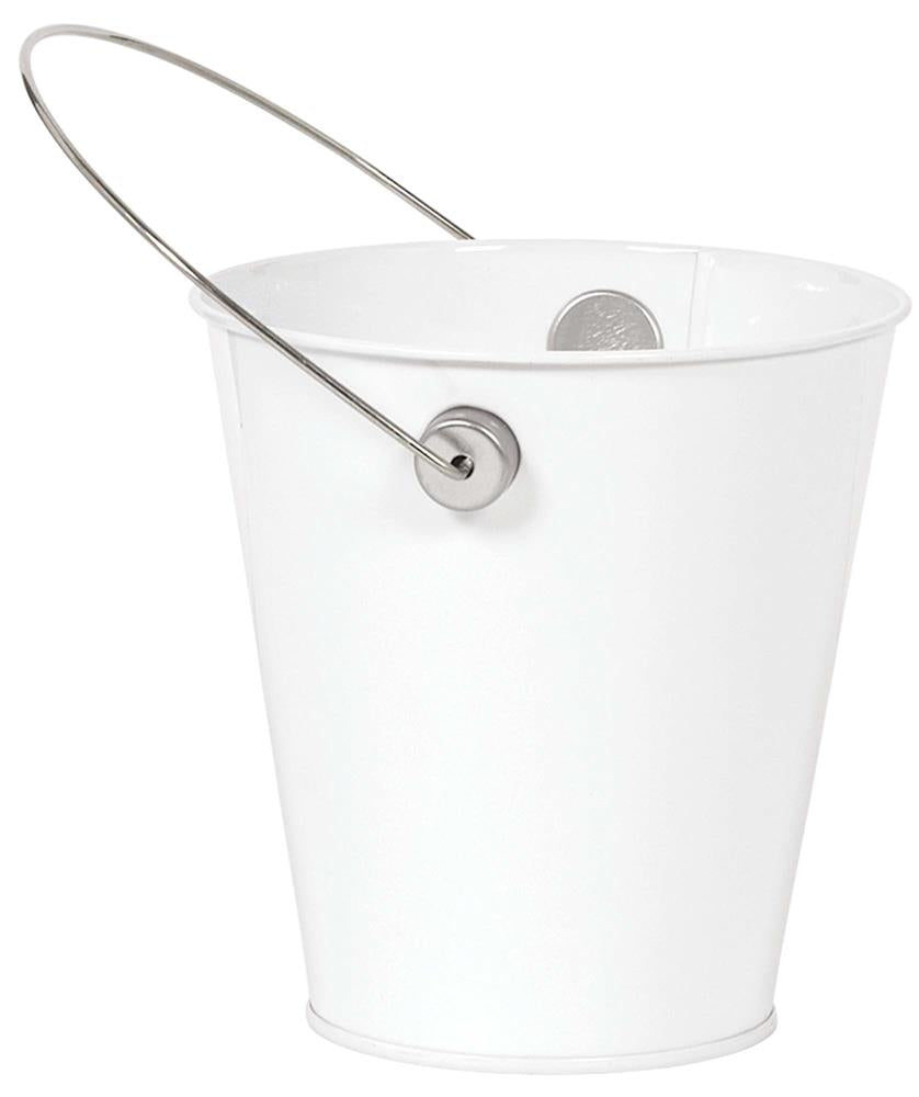 White metal bucket with a thin metal handle and smooth finish.