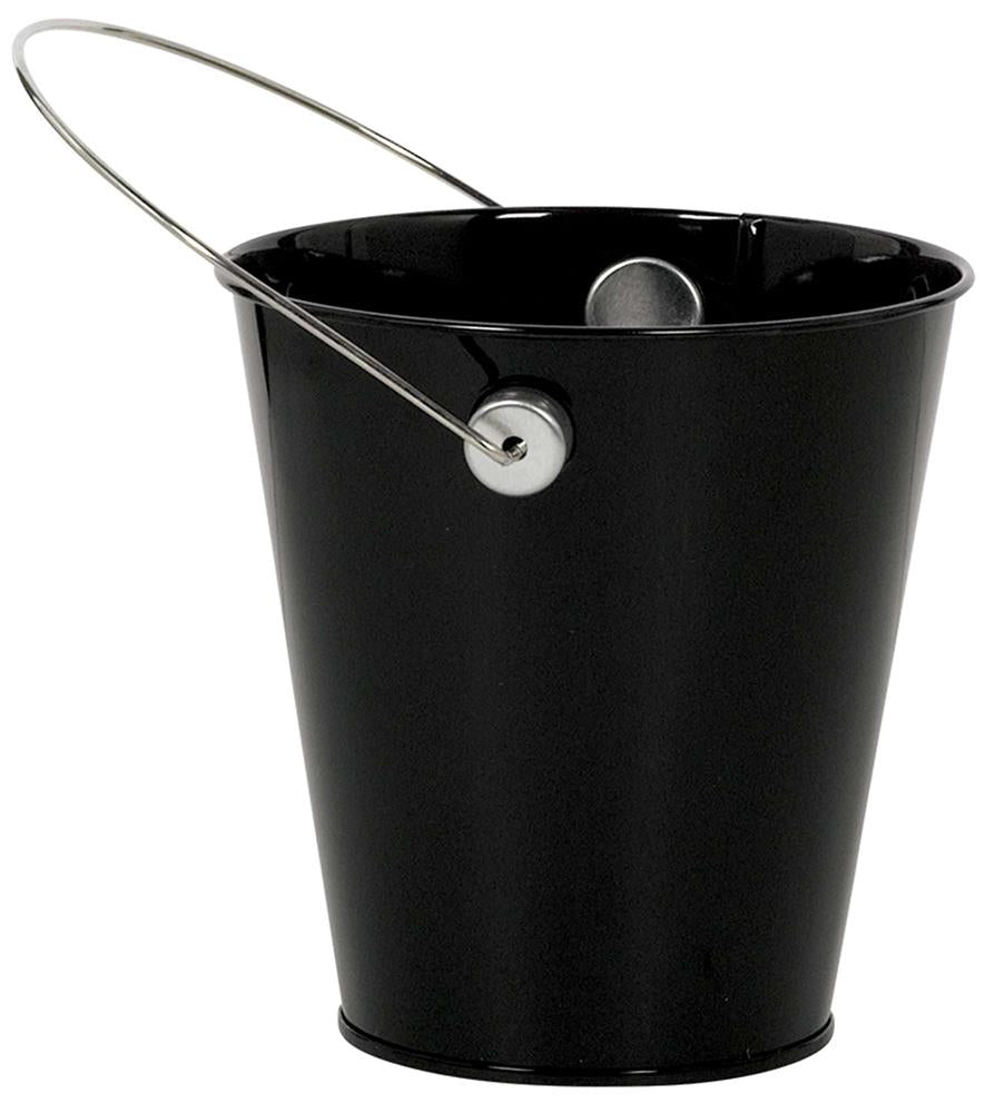 Black metal bucket with a silver wire handle and smooth finish.