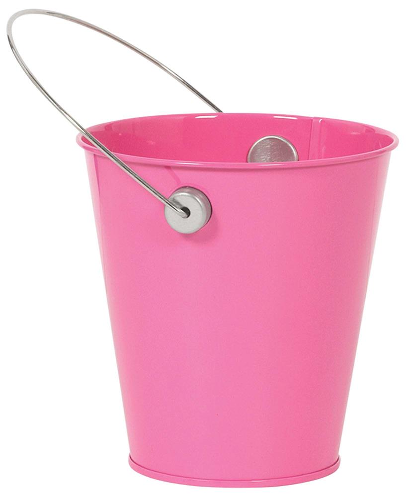 Bright pink small metal bucket with silver metal handle and rounded rim.