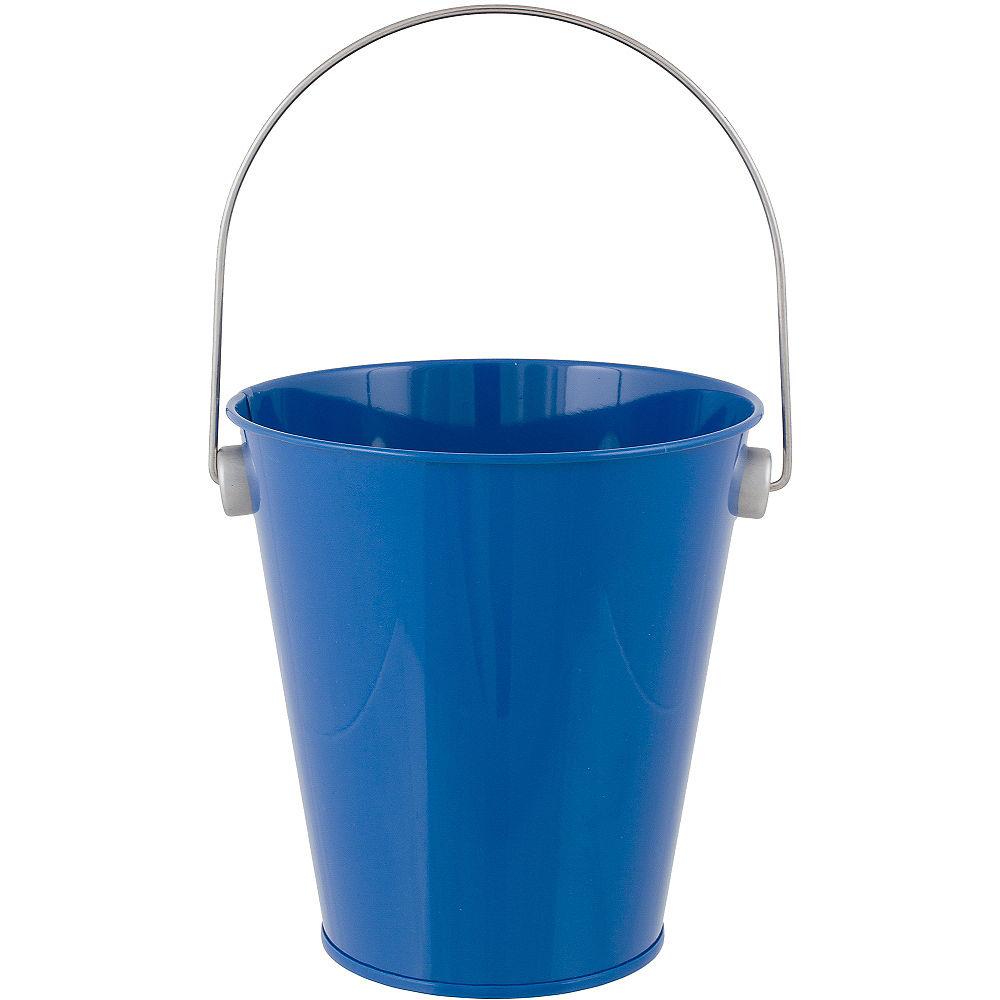 Royal blue metal bucket with a silver metal handle and smooth finish.