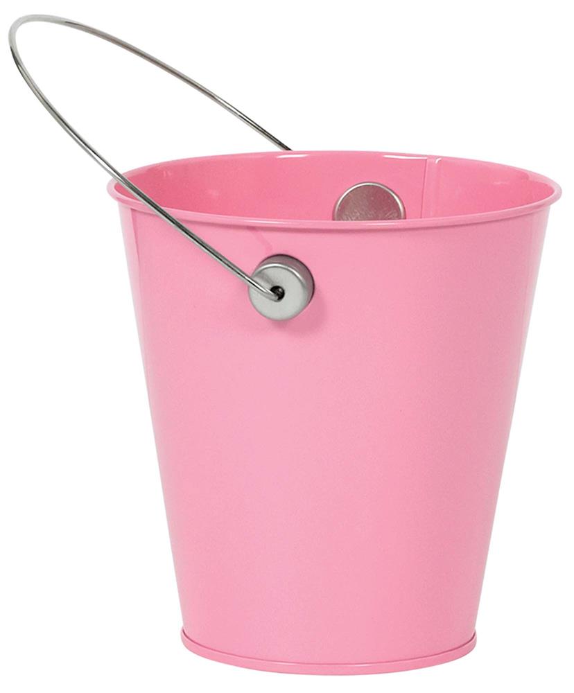 Small pink metal bucket with a thin silver handle and smooth finish.
