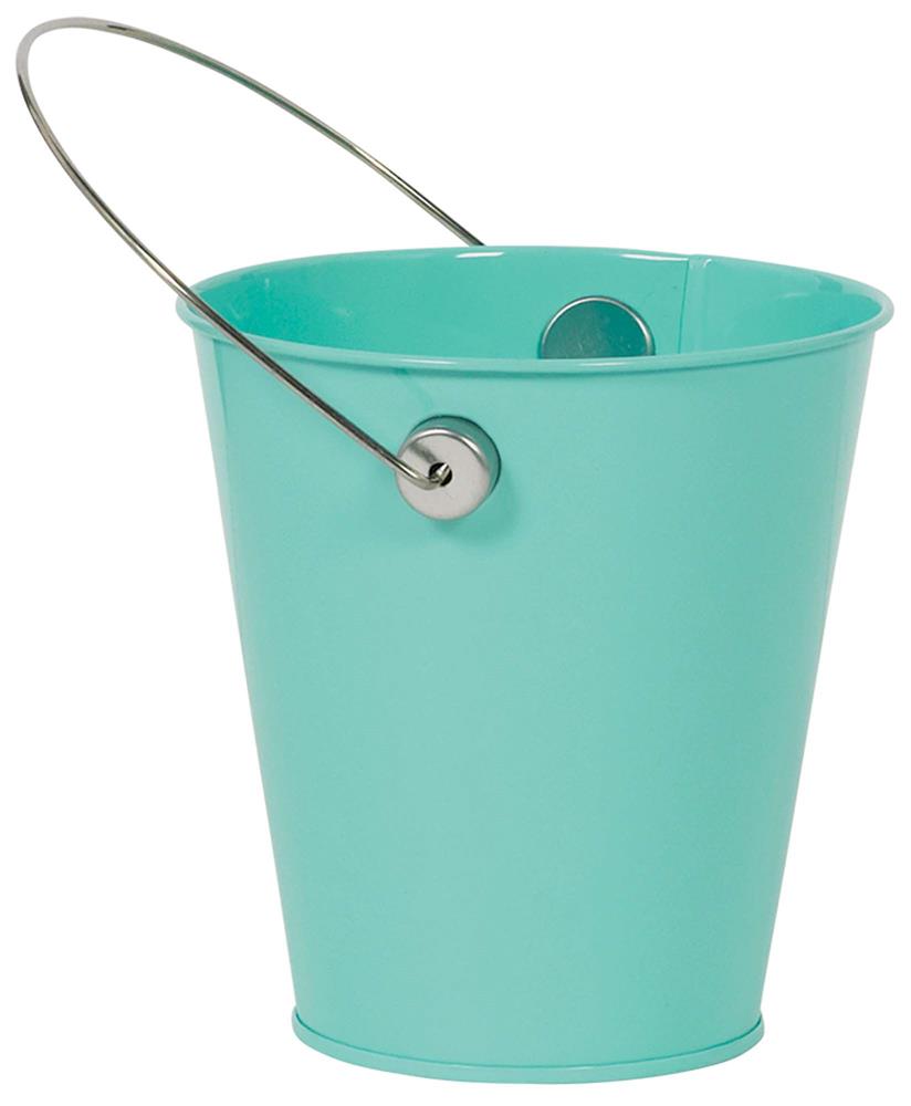 Small robin's egg blue metal bucket with thin wire handle and rounded base.