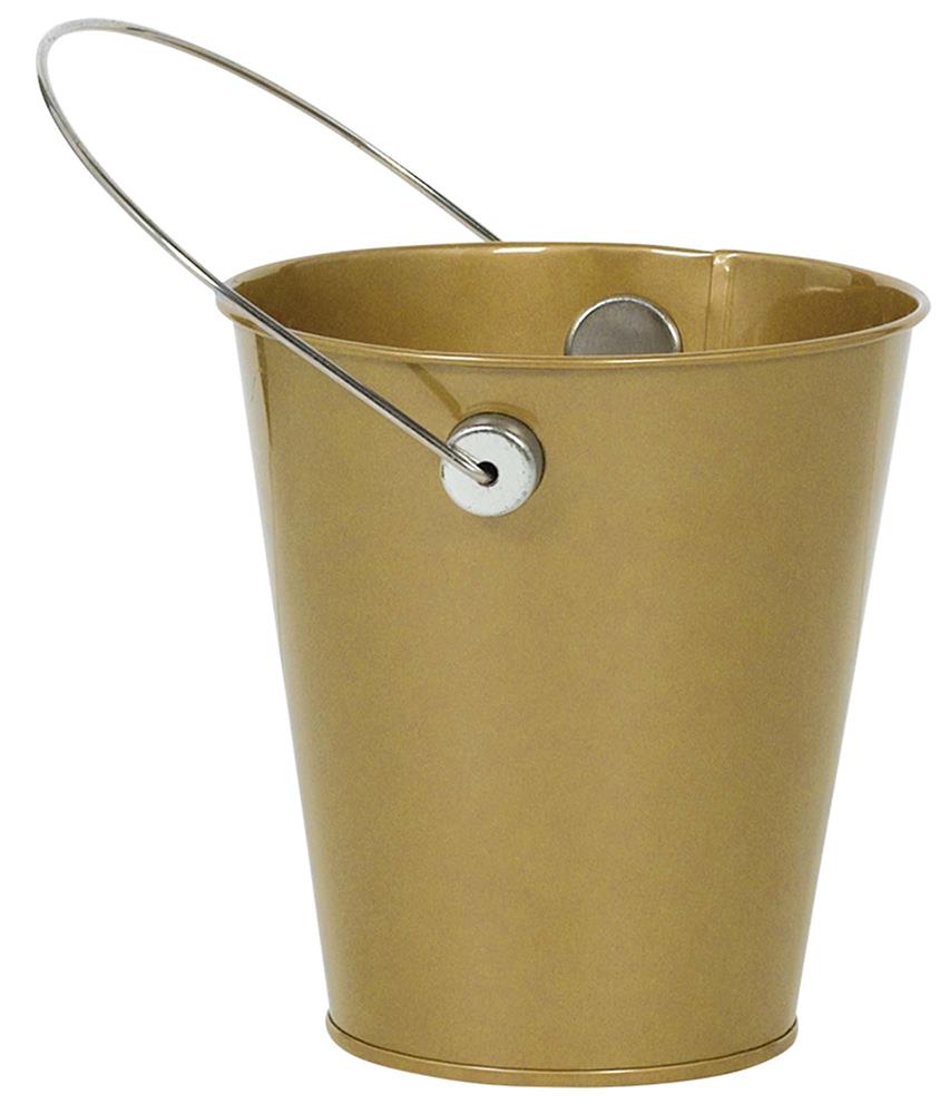 Small metallic gold bucket with a round handle and smooth finish.