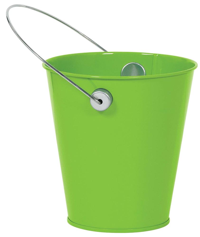 Bright green metal bucket with silver handle and smooth finish.