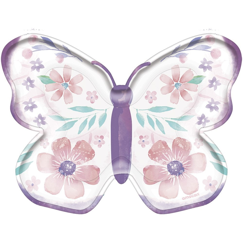 7-inch translucent purple butterfly-shaped plate with pastel floral patterns and a glossy finish.
