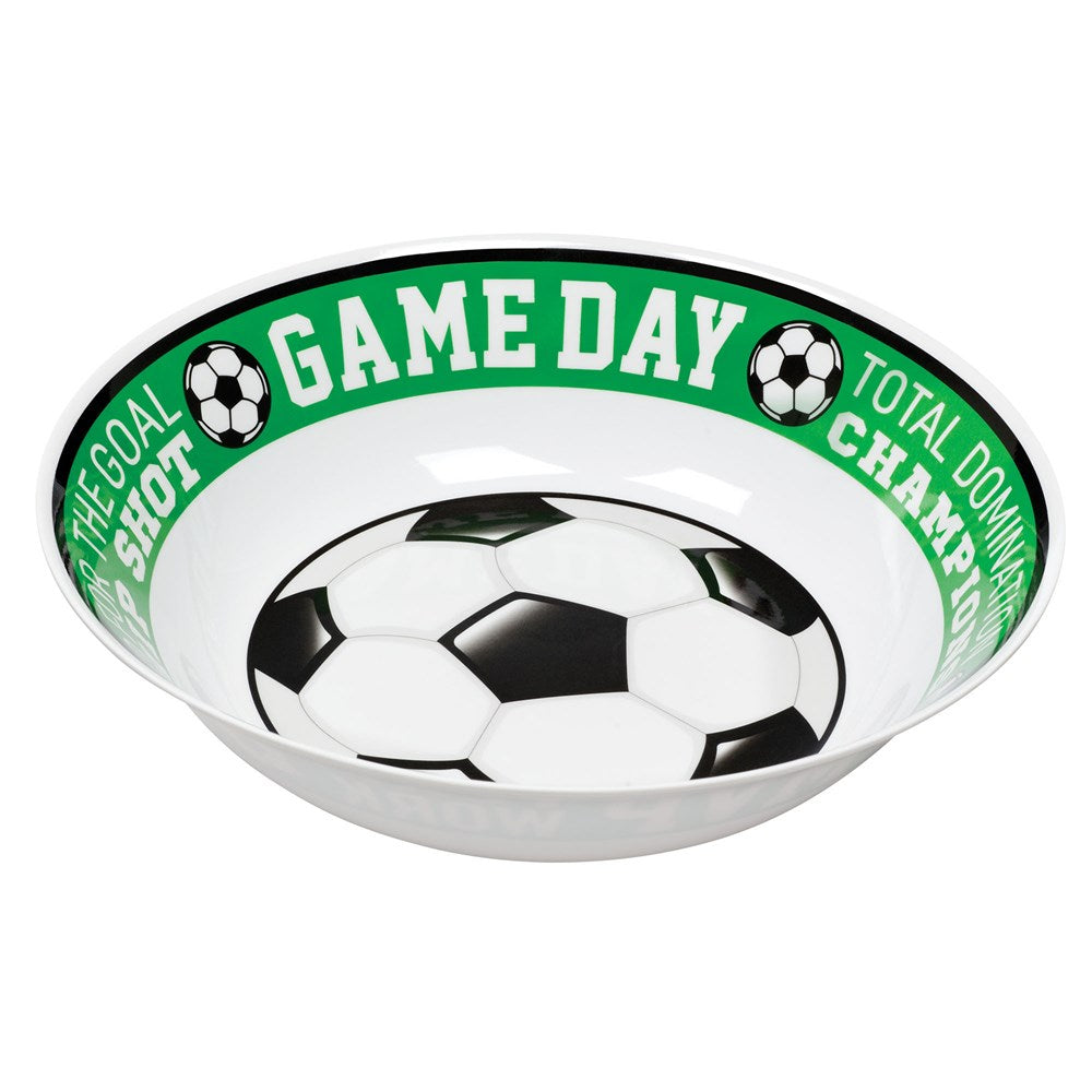 White melamine bowl with black and white soccer ball design in center and green rim featuring "Game Day" text and soccer.