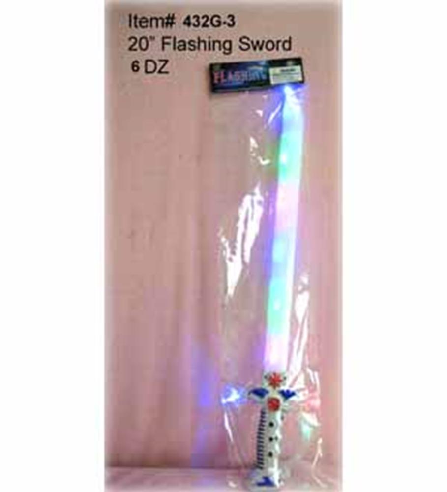 20-inch translucent flashing sword toy with multicolor LED lights and white handle with blue and red accents.