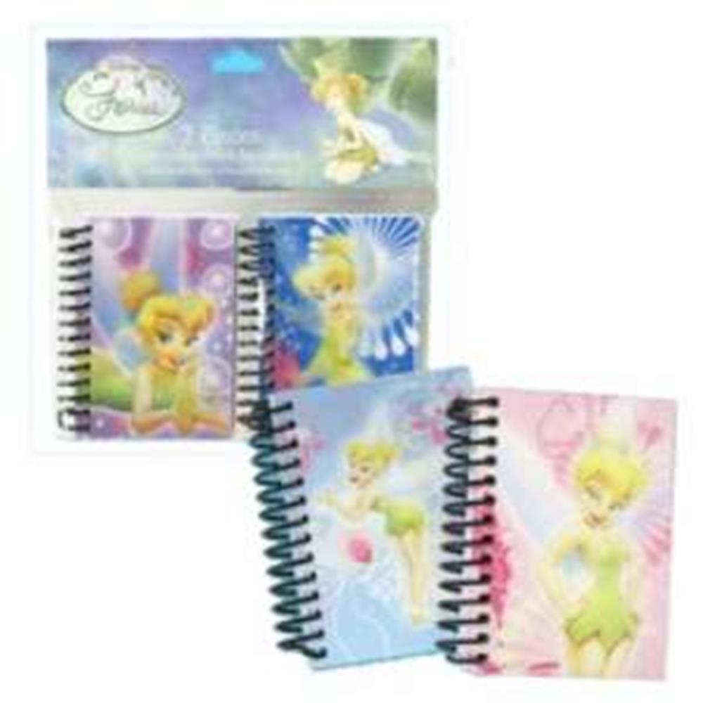 Two small spiral-bound notebooks featuring colorful Tinkerbell illustrations with blue and pink backgrounds.