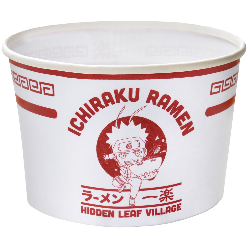 White ceramic ramen bowl with red Naruto-themed graphic and Japanese text.