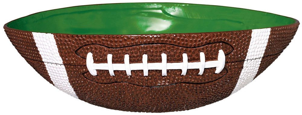 Brown football-shaped bowl with white laces and green interior, textured surface.