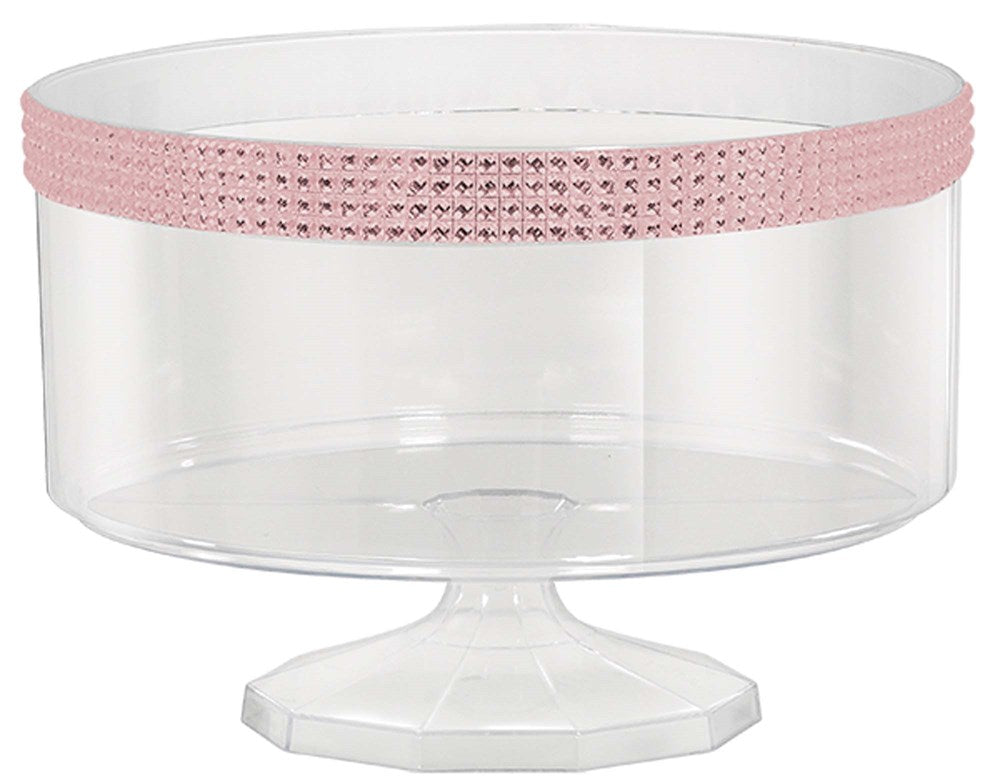 Clear round trifle container with a pink gem-studded band around the top edge on a short pedestal base.