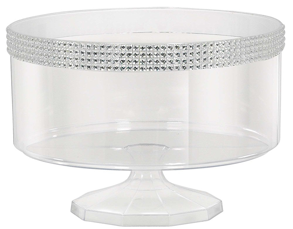 Clear round trifle container with faceted pedestal base and silver gem-studded band around rim.