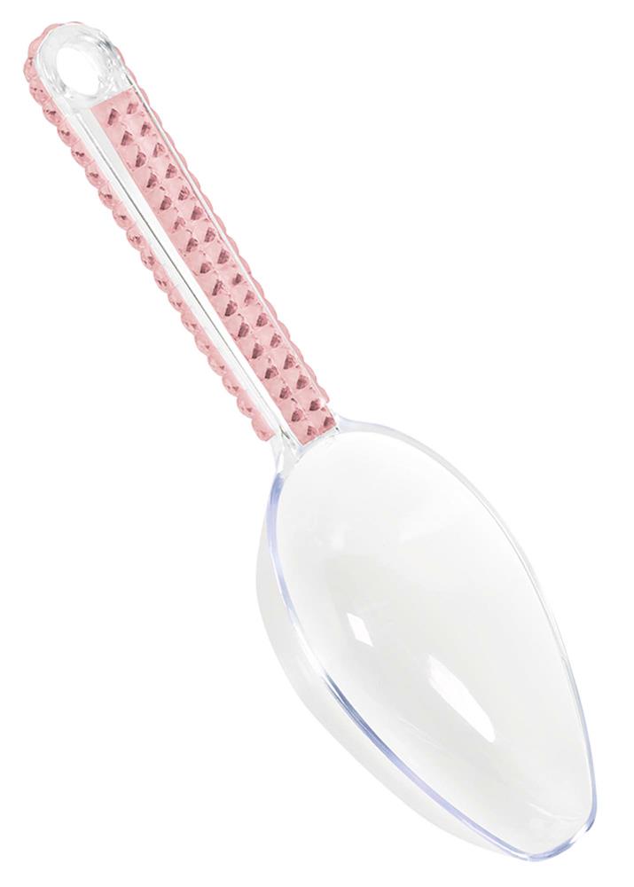 Clear plastic scoop with pink gem-like textured handle, rounded bowl shape.