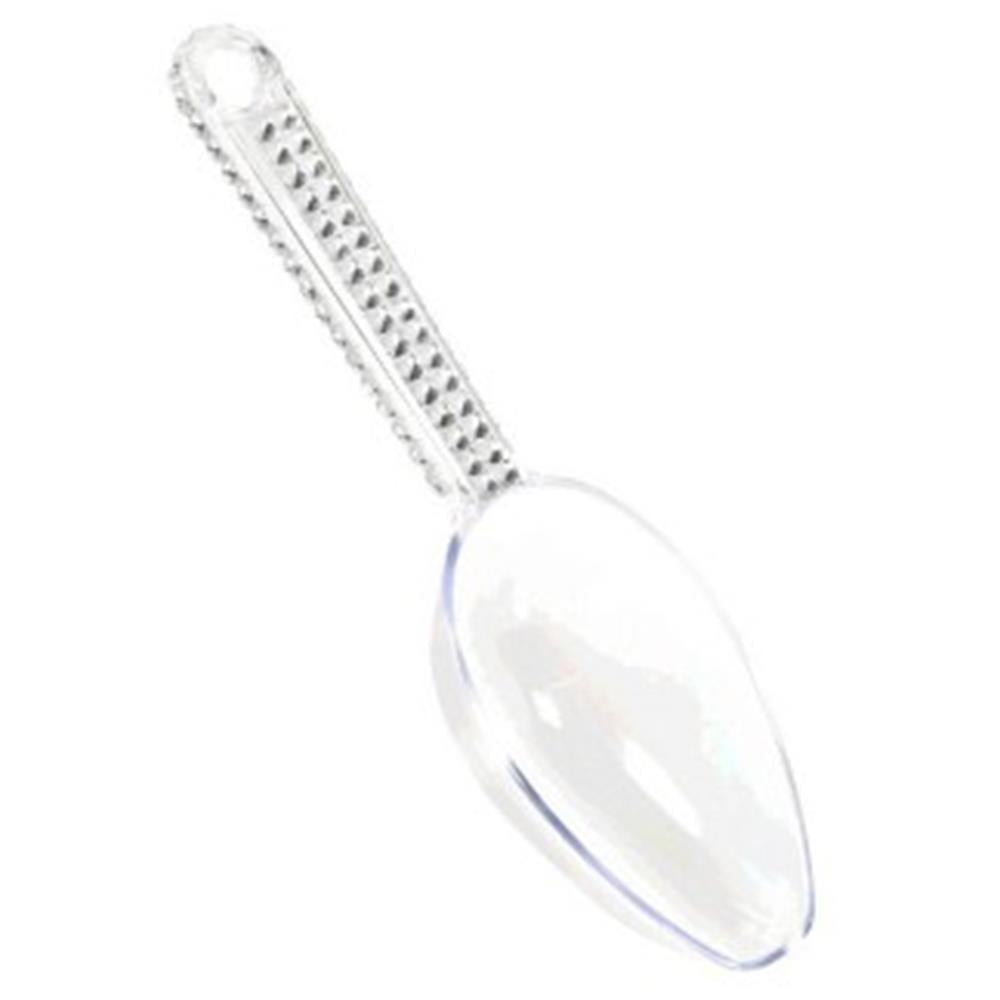 Clear plastic scoop with elongated handle embellished with rows of silver gems.