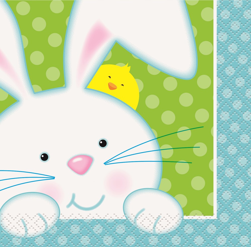 White bunny with pink nose and cheeks, blue whiskers, and a yellow chick on green polka dot background on napkin.