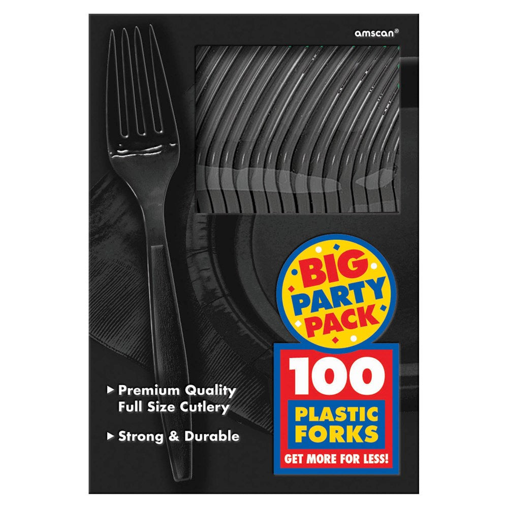 Pack of 100 black plastic forks in a black box with colorful "Big Party Pack" label.