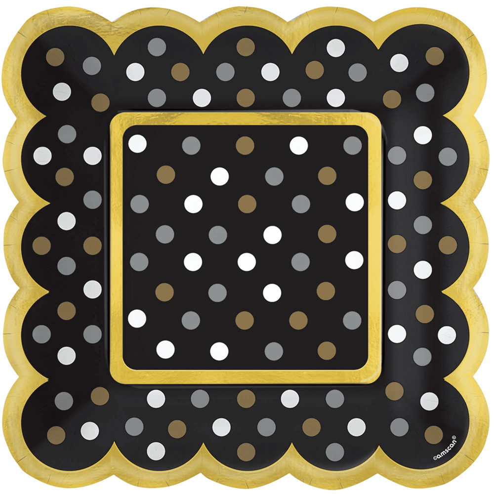 Black scalloped square plate with gold border and multicolored polka dots.