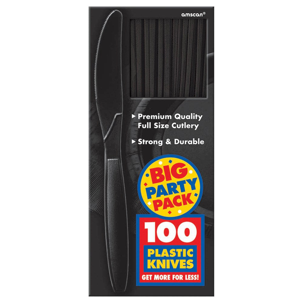 100 black plastic knives in rectangular party pack box with clear window and colorful label.