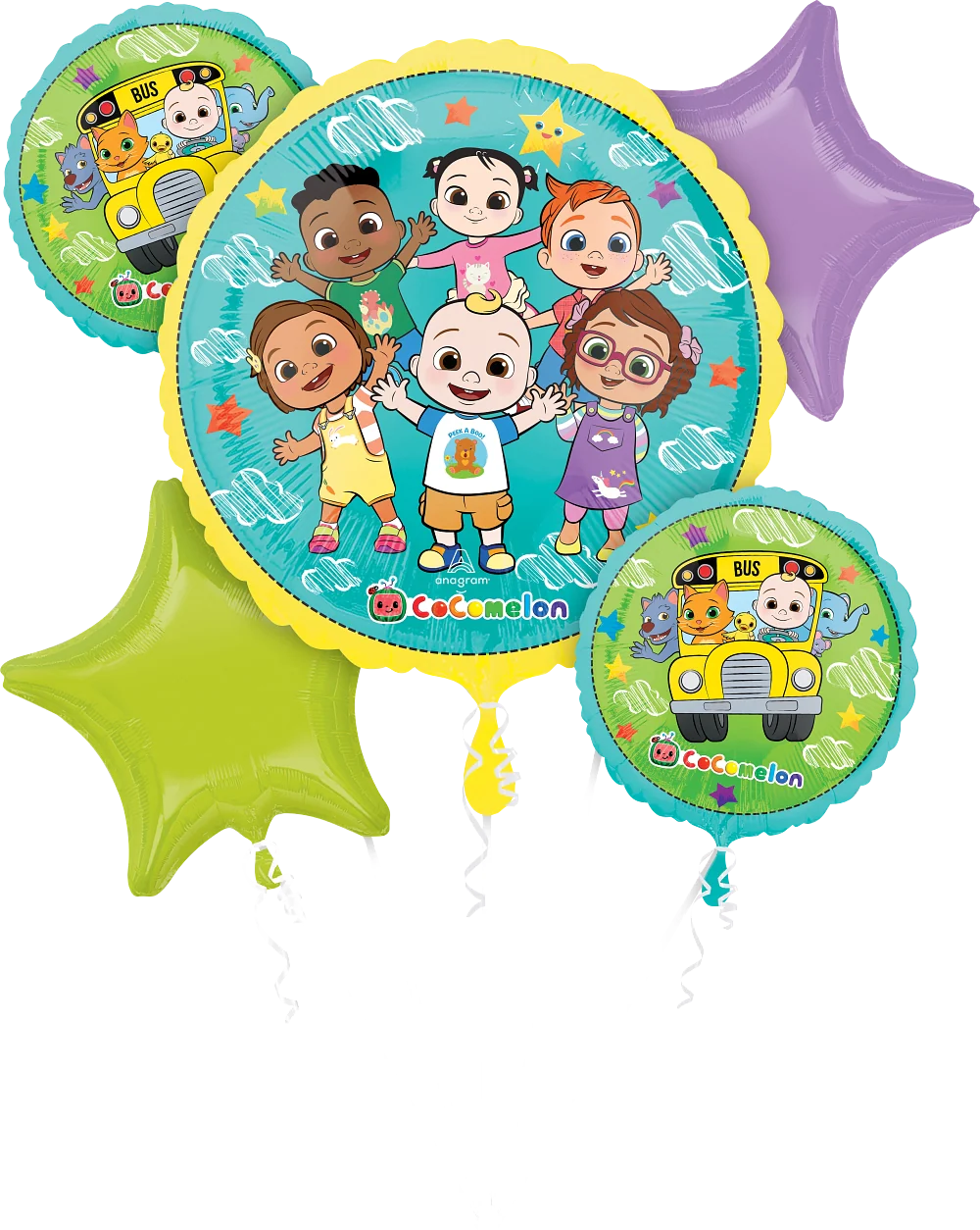 Set of five colorful foil balloons featuring Cocomelon characters, including two round balloons with school bus scenes, one.
