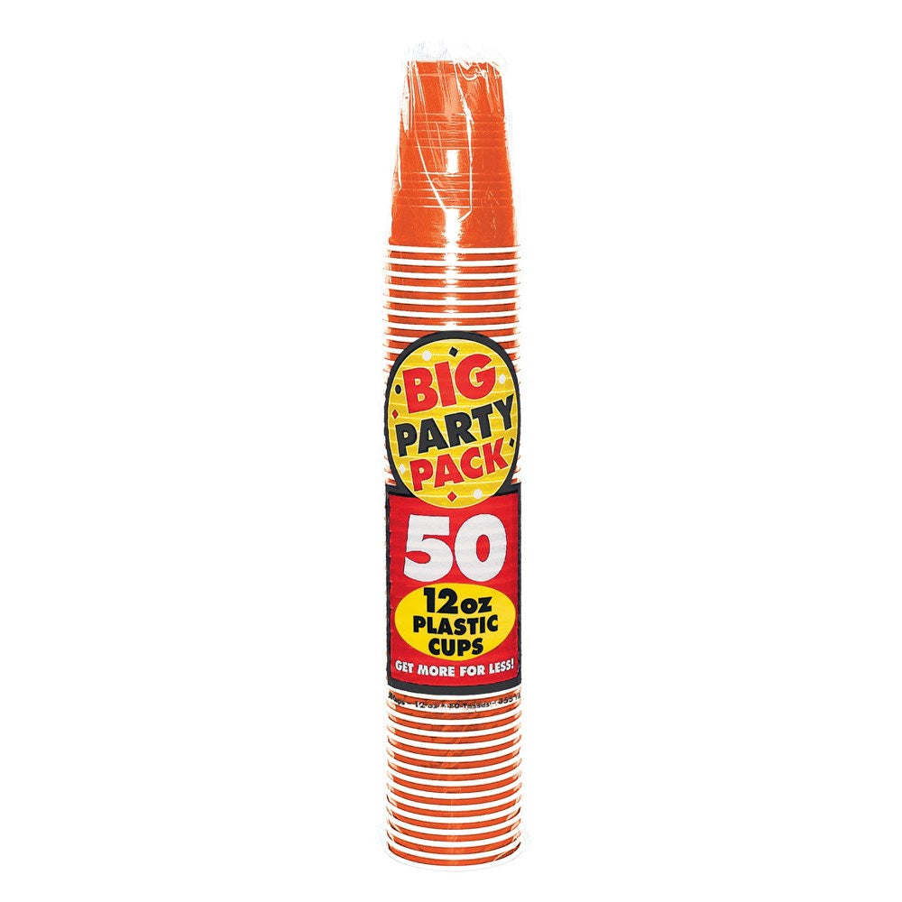 Stack of 50 orange 12oz plastic disposable cups with party pack label.