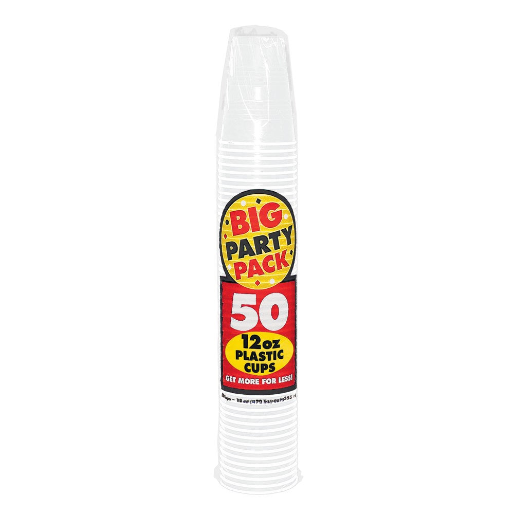 Stack of clear 12oz plastic cups with red and yellow "Big Party Pack 50" label.