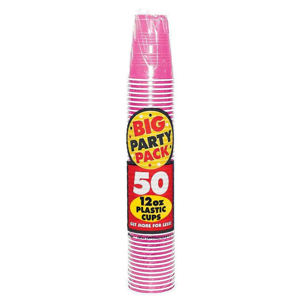Stack of bright pink 12oz plastic cups with Big Party Pack label, 50 count.