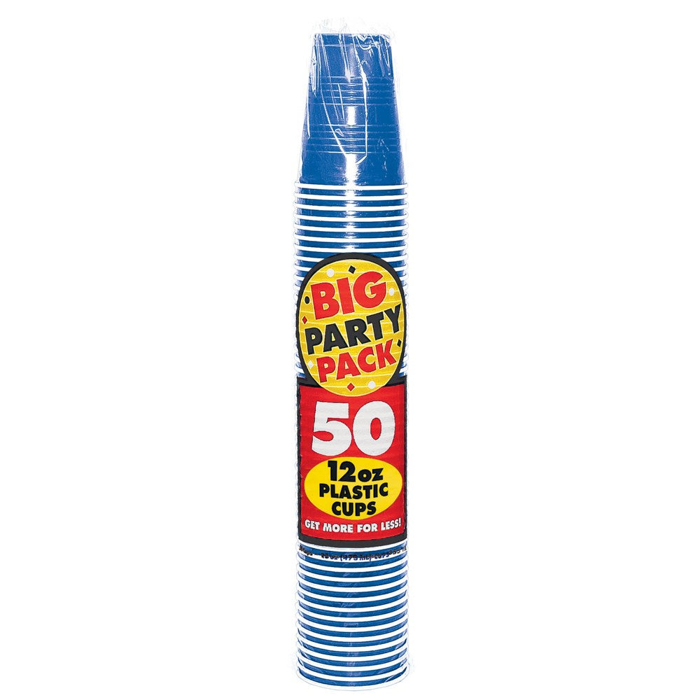 Stack of 50 bright royal blue 12oz plastic cups with red and yellow party pack label.