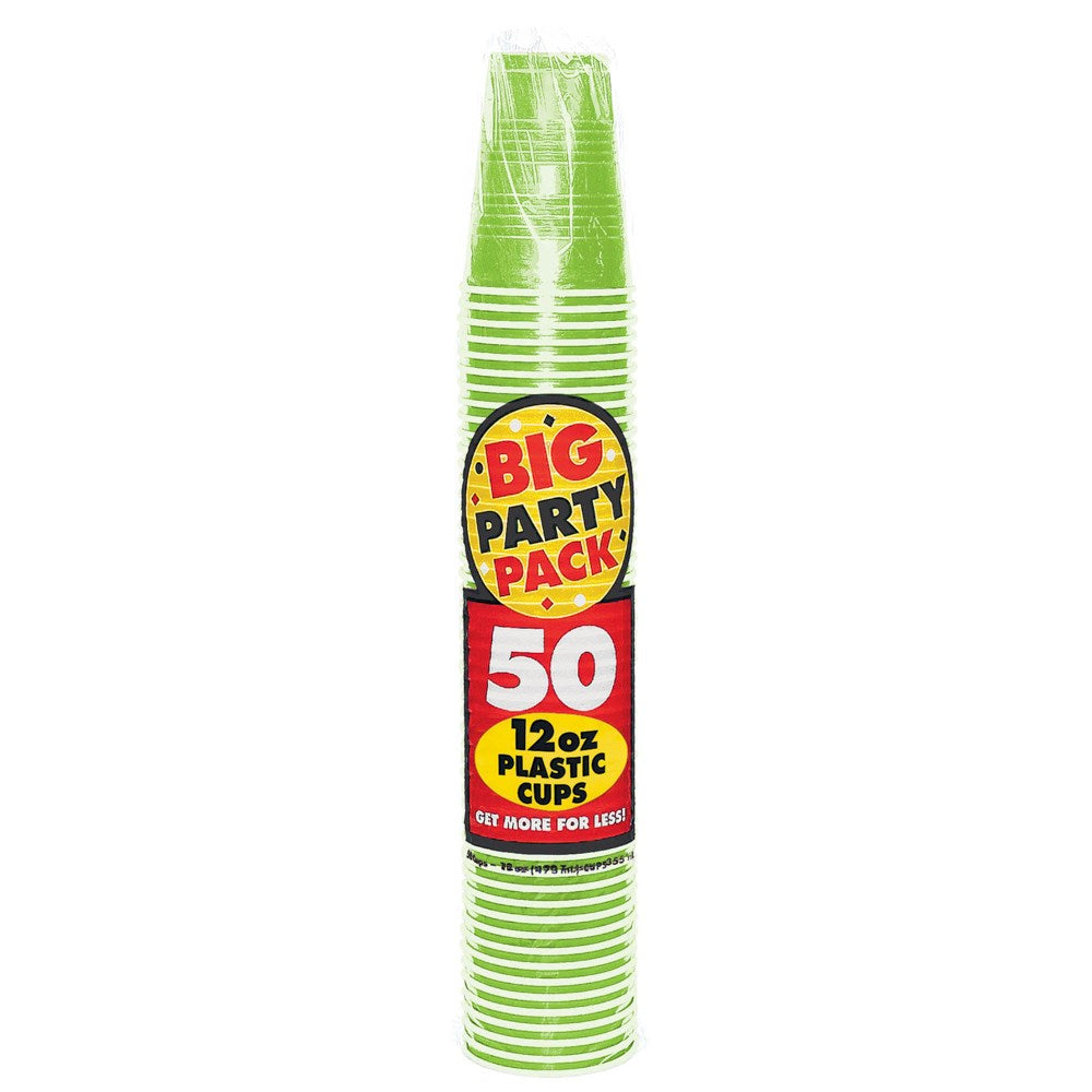 Stack of 50 lime green plastic 12oz party cups with red and yellow "Big Party Pack" label.