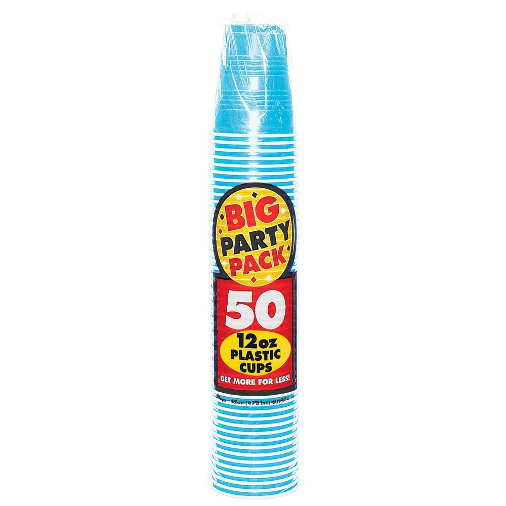 Stack of 50 turquoise 12oz plastic cups with yellow and red "Big Party Pack" label.