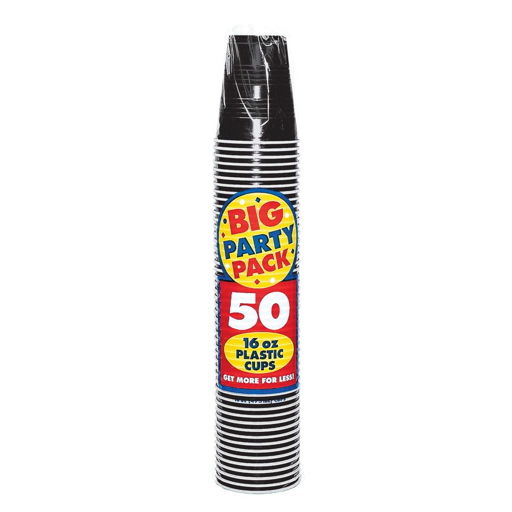 Stack of 50 black 16oz plastic cups wrapped in clear plastic with colorful "Big Party Pack" label.