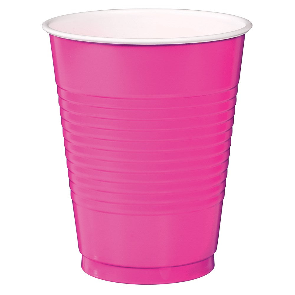 Bright pink 16oz plastic party cup with horizontal ridges and a smooth rim.